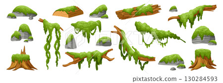 Green moss. Forest tree branch. Texture for game asset. Cartoon tropical lichen, exotic hanging liana. Grass, oak moss for background. Swamp plant. Vector icon garish nature isolated landscape set Green moss. Forest tree branch. Texture for game asset. Cartoon tropical lichen, exotic hanging liana. Grass, oak moss for background. Swamp plant. Vector icon garish nature isolated landscape set 130284593