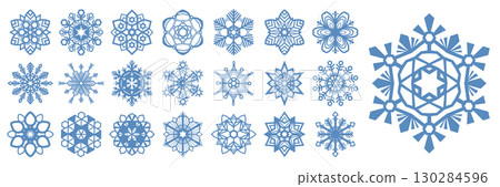 Snowflakes geometric. Winter frost decoration elements. Christmas holiday design, snow crystal shapes ornament. Cold weather symbols. Xmas holidays decoration. Vector ornamental icon isolated set 130284596