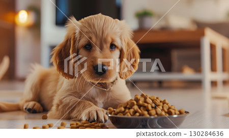 A small cute retriever puppy near a bowl of food. AI Generated A small cute retriever puppy near a bowl of food. AI Generated 130284636
