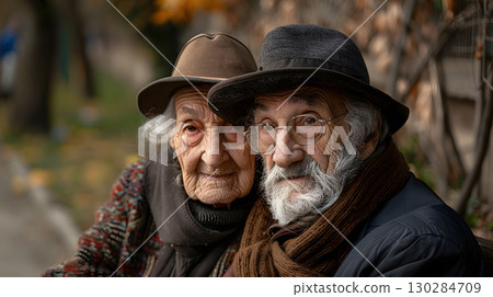 Portrait of a couple of two old people of retirement age. AI Generated Portrait of a couple of two old people of retirement age. AI Generated 130284709