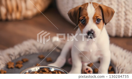 A small cute Jack Russell puppy near a bowl of food. AI Generated 130284735