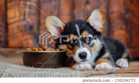 A small cute corgi puppy near a bowl of food. AI Generated 130284772