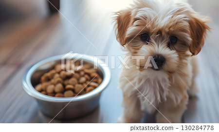A small cute Maltipoo puppy near a bowl of food. AI Generated 130284778