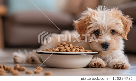 A small cute Maltipoo puppy near a bowl of food. AI Generated 130284785