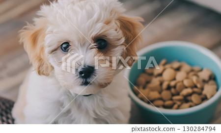 A small cute Maltipoo puppy near a bowl of food. AI Generated A small cute Maltipoo puppy near a bowl of food. AI Generated 130284794