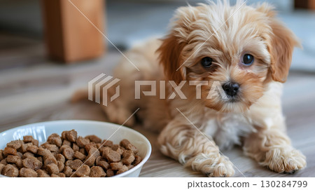 A small cute Maltipoo puppy near a bowl of food. AI Generated 130284799