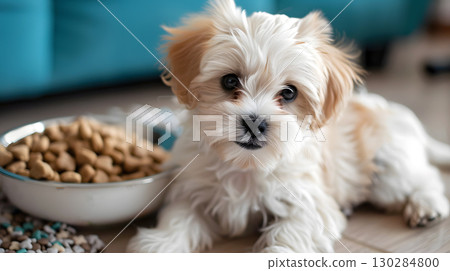 A small cute Maltipoo puppy near a bowl of food. AI Generated 130284800