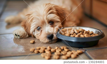A small cute Maltipoo puppy near a bowl of food. AI Generated A small cute Maltipoo puppy near a bowl of food. AI Generated 130284801