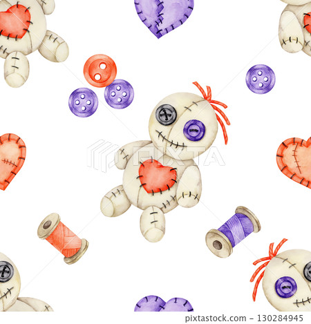 Beige stitched doll with button eyes, red stitched heart, purple buttons and sewing spools in watercolor clipart, hand drawn seamless pattern for Halloween fabric, wrapping paper, stationery, and Beige stitched doll with button eyes, red stitched heart, purple buttons and sewing spools in watercolor clipart, hand drawn seamless pattern for Halloween fabric, wrapping paper, stationery, and 130284945