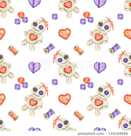 Beige stitched voodoo doll with red heart patch, purple buttons, sewing spools and felt hearts in watercolor clipart, hand drawn seamless pattern for Halloween fabric, wrapping paper, and crafts. 130284946