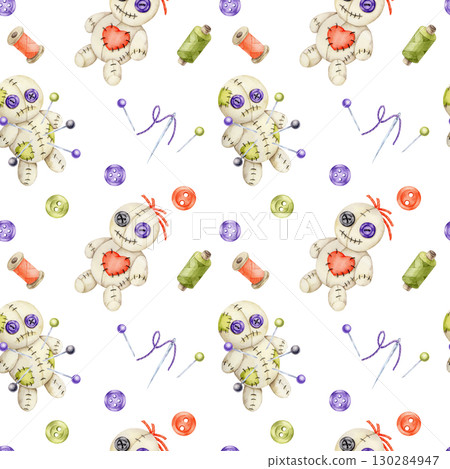Voodoo doll with purple button eyes, sewing spools, thread and needles in watercolor clipart, hand drawn seamless pattern for Halloween fabric, packaging, party decor, wrapping paper and textile 130284947
