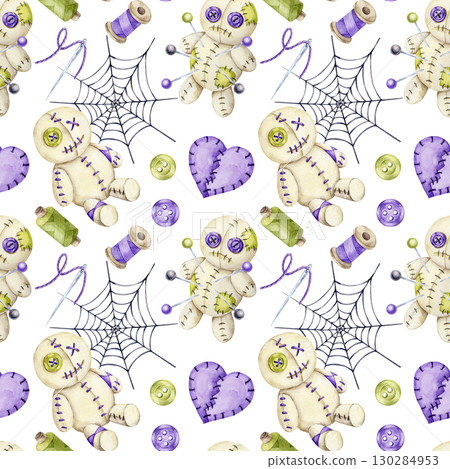 Beige voodoo dolls with green buttons, purple felt hearts and spider webs in watercolor clipart, hand drawn seamless pattern for Halloween fabric, digital backgrounds, textile prints and craft designs 130284953