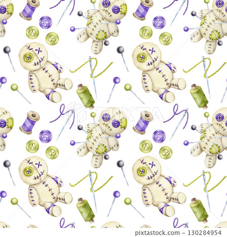 Stitched voodoo dolls, sewing needles, purple buttons and thread in watercolor clipart, hand drawn seamless pattern for Halloween party decor, fabric design, invitations and digital scrapbooking. 130284954