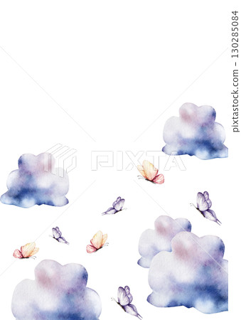 Postcard with beautiful colorful butterflies. Watercolor hand drawn logo, template, insect clipart isolated on background. Botanical and wedding illustration. Baby shower design elements. Party 130285084