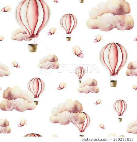Air Balloons with basket, butterflies and Summer air clouds seamless pattern. Watercolor hand drawn nursery clipart isolated on background. Cute illustration. Baby shower design elements. Party Air Balloons with basket, butterflies and Summer air clouds seamless pattern. Watercolor hand drawn nursery clipart isolated on background. Cute illustration. Baby shower design elements. Party 130285085