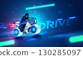 Futuristic Motorcycle on road racing at full speed in cyberspace. Biker rider on sci-fi racing cyber motorbike with spherical wheels. Future biker on Motorbike with neon trail in virtual reality. 130285097