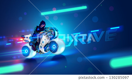 Futuristic Motorcycle on road racing at full speed in cyberspace. Biker rider on sci-fi racing cyber motorbike with spherical wheels. Future biker on Motorbike with neon trail in virtual reality. 130285097