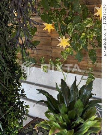 Balcony view with tropical plants in Ibiza Balcony view with tropical plants in Ibiza 130285176
