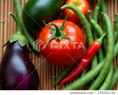 Fresh Still Life Close up of Tomato, Chili, Eggplant and Beans 130285238