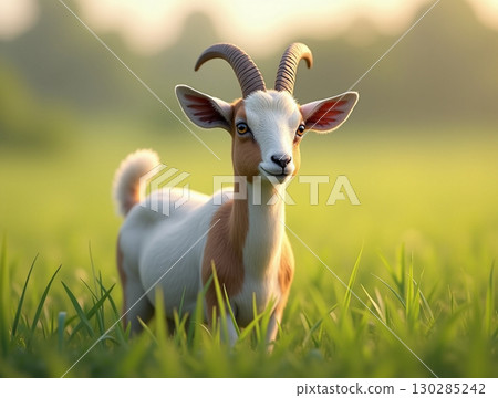 Cheerful Goat Portrait Standing in Lush Green Meadow Sunlight 130285242