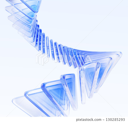 Abstract blue 3d background with spiral line of glass transparent triangle plates. Crystal glossy geometric triangular shapes with motion effect. Futuristic data array, digital tech. 3D illustration Abstract blue 3d background with spiral line of glass transparent triangle plates. Crystal glossy geometric triangular shapes with motion effect. Futuristic data array, digital tech. 3D illustration 130285293