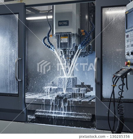 CNC milling machine processing on steel with cooling 130285356