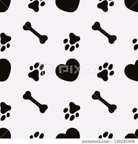 Dog Paw Seamless pattern. Dog footprint repeating pattern. Black and white pattern with dog tracks, bone and heart Dog Paw Seamless pattern. Dog footprint repeating pattern. Black and white pattern with dog tracks, bone and heart 130285408