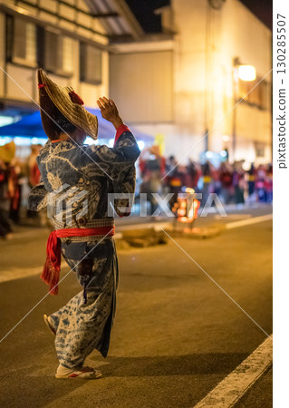 Nishimonai Bon Odori dance, men in indigo dyed yukata and straw hats, 2025, Akita Prefecture 130285507
