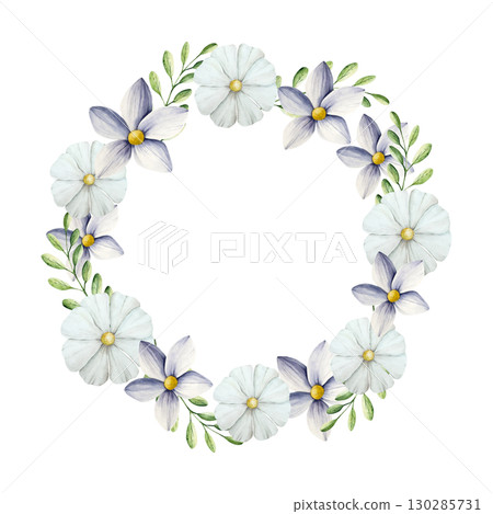 Spring flowers and branches with leaves, butterfly wreath, frame. Watercolor logo with gerbera, chamomile, echinacea. Hand drawn wildflower art isolated on background, transparent png. Botanical 130285731