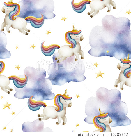 Unicorn seamless pattern. Watercolor hand drawn rainbow magical animal, clipart isolated on background, cartoon horse transparent png illustration. Baby shower greeting cards or childish birthday Unicorn seamless pattern. Watercolor hand drawn rainbow magical animal, clipart isolated on background, cartoon horse transparent png illustration. Baby shower greeting cards or childish birthday 130285742