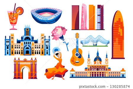 Spanish landmarks and symbols - set of flat design style objects Spanish landmarks and symbols - set of flat design style objects 130285874