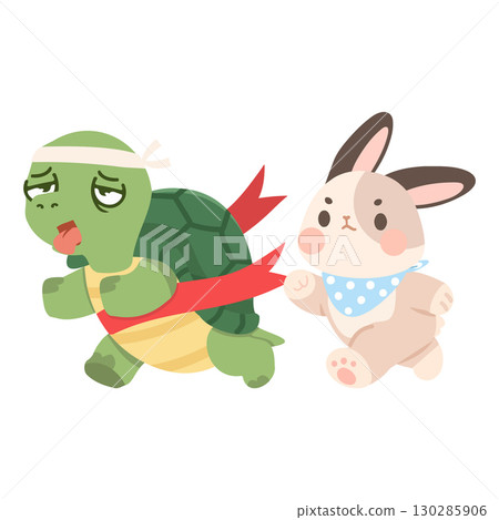 Cartoon Illustration of Tortoise and Hare Race 130285906