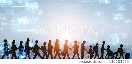 Concept of people of all ages walking and digital technology Concept of people of all ages walking and digital technology 130285923