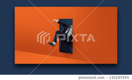 Creative collage. Businessman falling through doorway on vivid orange wall with surprised emotion 130285954