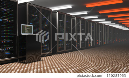 Server. Room servers data center. Backup, mining, hosting, mainframe, farm and computer rack with storage information. Server room data center. 3d render Server. Room servers data center. Backup, mining, hosting, mainframe, farm and computer rack with storage information. Server room data center. 3d render 130285963