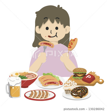 Illustration of a woman binge eating 130286042
