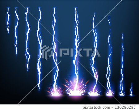 Lightning animation set with sparks. Electricity thunderbolt danger, light electric powerful thunder. Bright energy effect, Vector illustration Lightning animation set with sparks. Electricity thunderbolt danger, light electric powerful thunder. Bright energy effect, Vector illustration 130286285