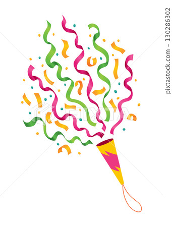 Party popper icon. Holiday popper cone with confetti, congratulate or celebrate element. Exploding cracker icon in flat design. Vector illustration isolated on white background 130286302