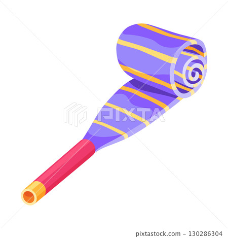 Party blower or noise maker icon. Rolled sound, celebration concept. Flat design of party horn sticker. Vector cartoon illustration Party blower or noise maker icon. Rolled sound, celebration concept. Flat design of party horn sticker. Vector cartoon illustration 130286304