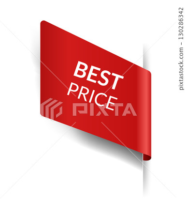 Corner or ribbons icon. Product red banner, price shopping tag. Promotion sale badge, special offer sticker. Discount and price offer concept. Vector sticker template 130286342