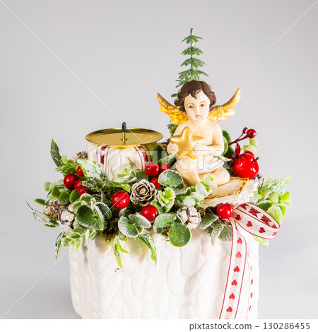 Advent composition with candles, table handmade arrangement mini decoration for new year, artificial Christmas tree interior decoration Advent composition with candles, table handmade arrangement mini decoration for new year, artificial Christmas tree interior decoration 130286455