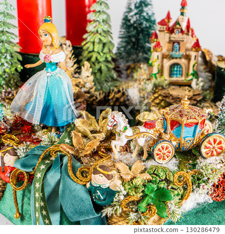 Christmas table composition. Beautiful decoration. Christmas trees, candles, stars, lights and elegant accessories. Merry Christmas and Happy Holidays, Template. Christmas table composition. Beautiful decoration. Christmas trees, candles, stars, lights and elegant accessories. Merry Christmas and Happy Holidays, Template. 130286479