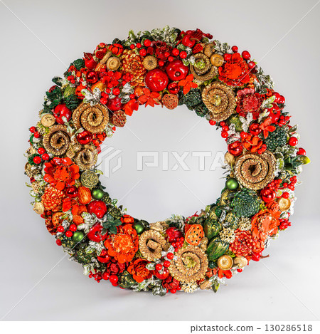 Christmas table composition. Beautiful decoration. Christmas trees, candles, stars, lights and elegant accessories. Merry Christmas and Happy Holidays, Template. 130286518