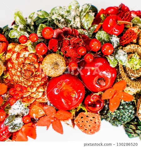 Christmas table composition. Beautiful decoration. Christmas trees, candles, stars, lights and elegant accessories. Merry Christmas and Happy Holidays, Template. 130286520