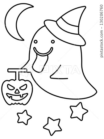 Cute Halloween ghost holding a pumpkin lantern - coloring illustration 130286760