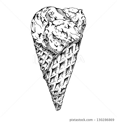 Sorbet ice cream scoops served in crisp waffle cone, gelato balls. Vector graphic illustration hand drawn in pen and ink, line sketch. Gourmet dessert menu, artisan cafe interior, sweet snack wrap 130286869