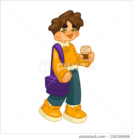 Cartoon Autumn Boy With Coffee Cartoon Autumn Boy With Coffee 130286896