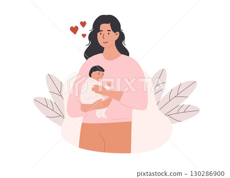 Smiling mother holding baby with love. Concept of motherhood, bonding, and emotional connection. Single parent family. Happy Mothers Day greeting card. Flat Style Vector Illustration isolated on white 130286900
