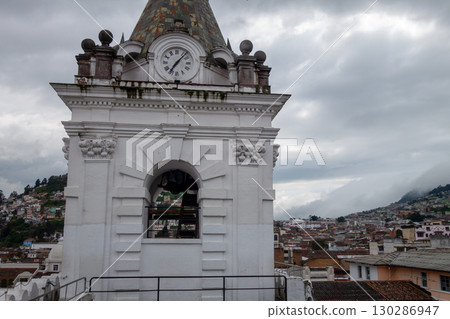 View of San Francisco church bell tower and Quito city View of San Francisco church bell tower and Quito city 130286947