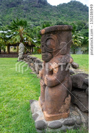 Tiki statue near the Vaitahu church, Tahuata, Marquesas Islands, French Polynesia Tiki statue near the Vaitahu church, Tahuata, Marquesas Islands, French Polynesia 130286949
